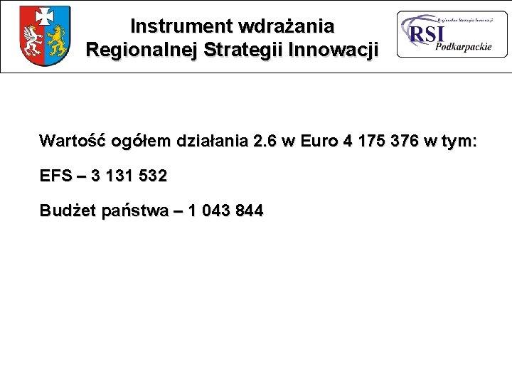 Instrument wdrażania Regionalnej Strategii Innowacji Wartość ogółem działania 2. 6 w Euro 4 175