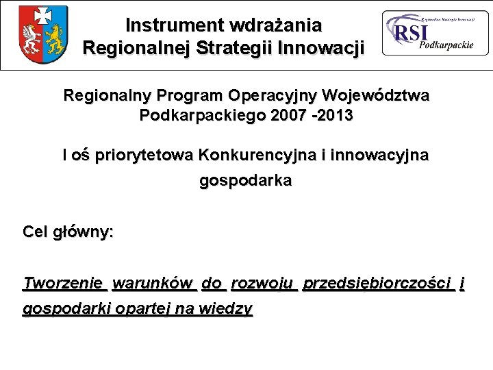 Instrument wdrażania Regionalnej Strategii Innowacji Regionalny Program Operacyjny Województwa Podkarpackiego 2007 -2013 I oś Instrument wdrażania Regionalnej Strategii Innowacji Regionalny Program Operacyjny Województwa Podkarpackiego 2007 -2013 I oś