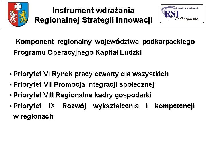 Instrument wdrażania Regionalnej Strategii Innowacji Komponent regionalny województwa podkarpackiego Programu Operacyjnego Kapitał Ludzki •