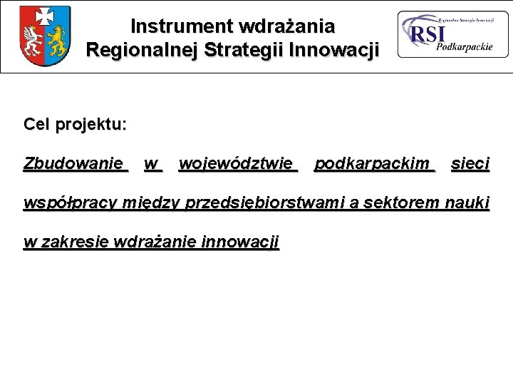 Instrument wdrażania Regionalnej Strategii Innowacji Cel projektu: Zbudowanie w województwie podkarpackim sieci współpracy między Instrument wdrażania Regionalnej Strategii Innowacji Cel projektu: Zbudowanie w województwie podkarpackim sieci współpracy między