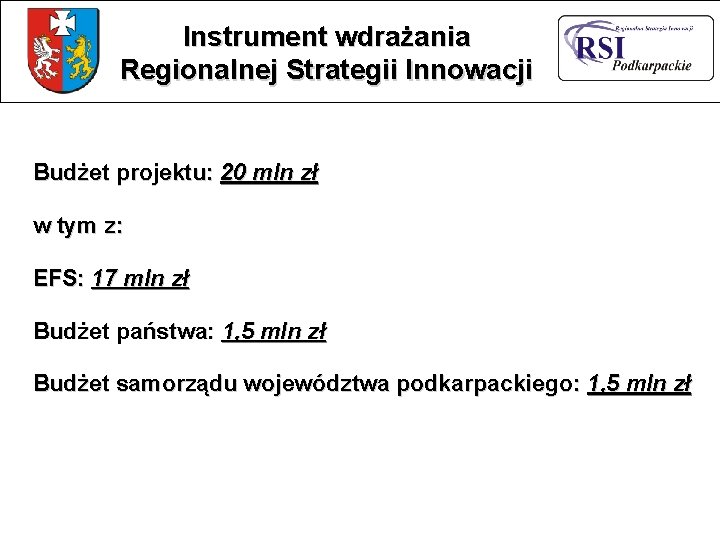 Instrument wdrażania Regionalnej Strategii Innowacji Budżet projektu: 20 mln zł w tym z: EFS: