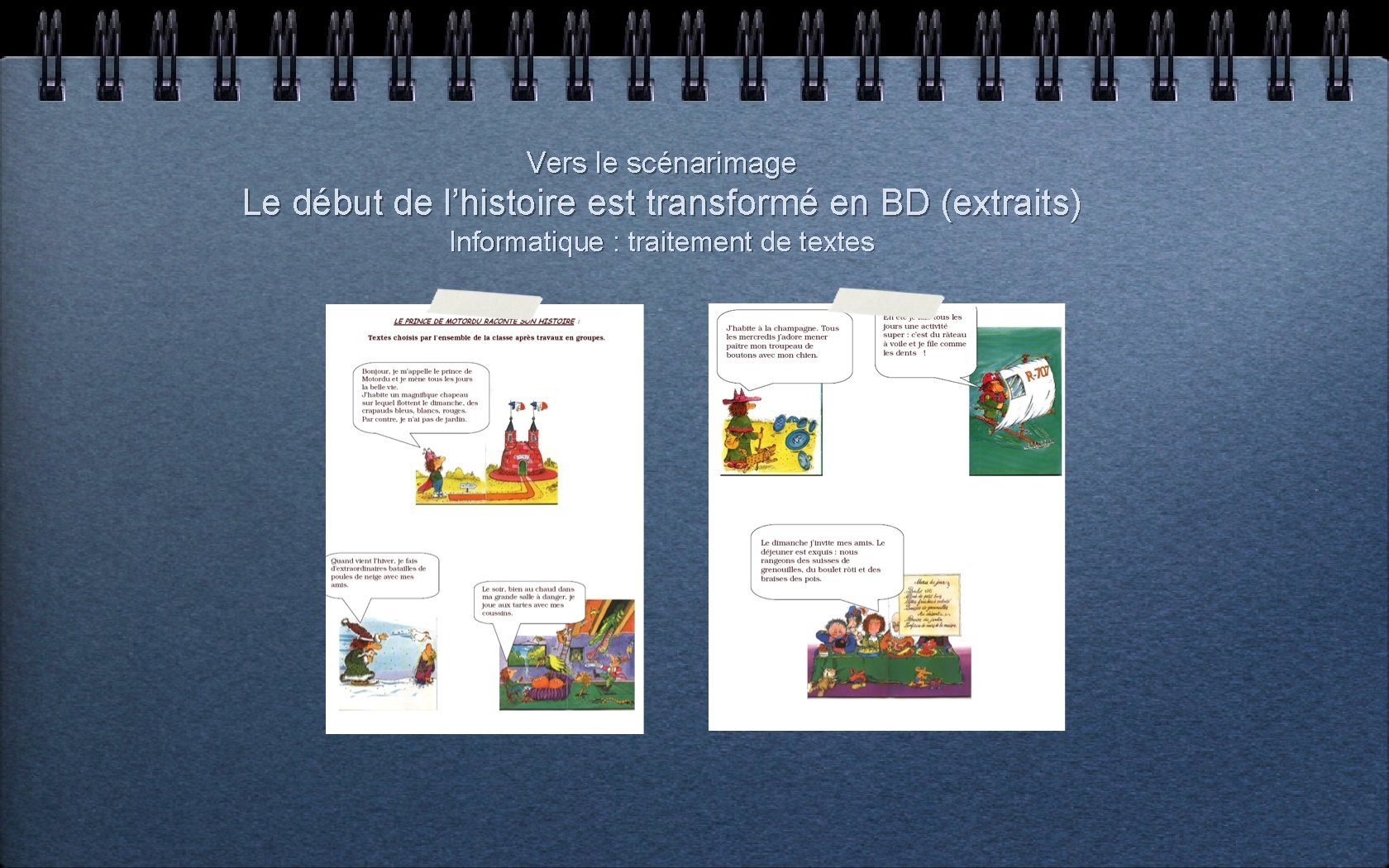 Vers le scénarimage Le début de l’histoire est transformé en BD (extraits) Informatique :