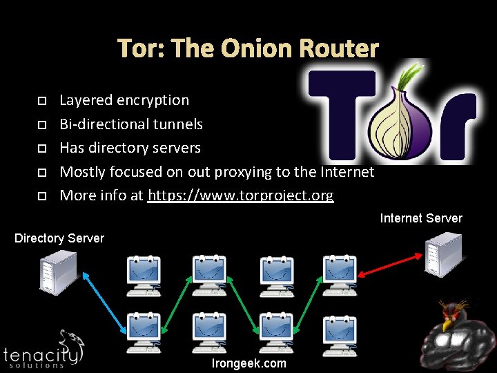 Tor: The Onion Router Layered encryption Bi-directional tunnels Has directory servers Mostly focused on