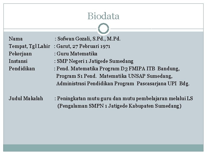 Biodata Nama Tempat, Tgl Lahir Pekerjaan Instansi Pendidikan : Sofwan Gozali, S. Pd. ,