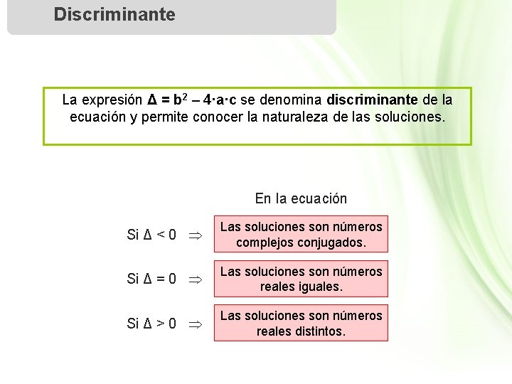 Discriminante La expresión Δ = b 2 – 4·a·c se denomina discriminante de la