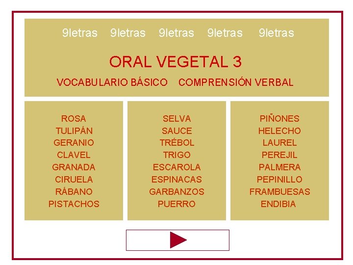 9 letras 9 letras ORAL VEGETAL 3 VOCABULARIO BÁSICO ROSA TULIPÁN GERANIO CLAVEL GRANADA