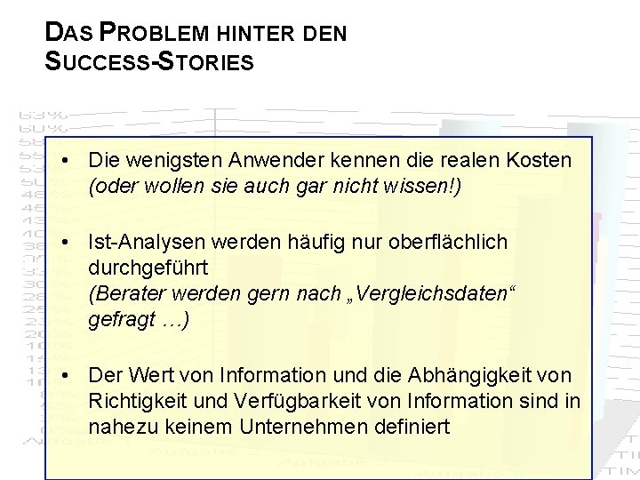 DAS PROBLEM HINTER DEN SUCCESS-STORIES • Die wenigsten Anwender kennen die realen Kosten (oder