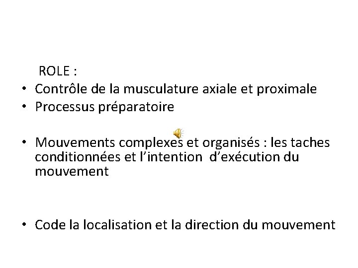 ROLE : • Contrôle de la musculature axiale et proximale • Processus préparatoire •