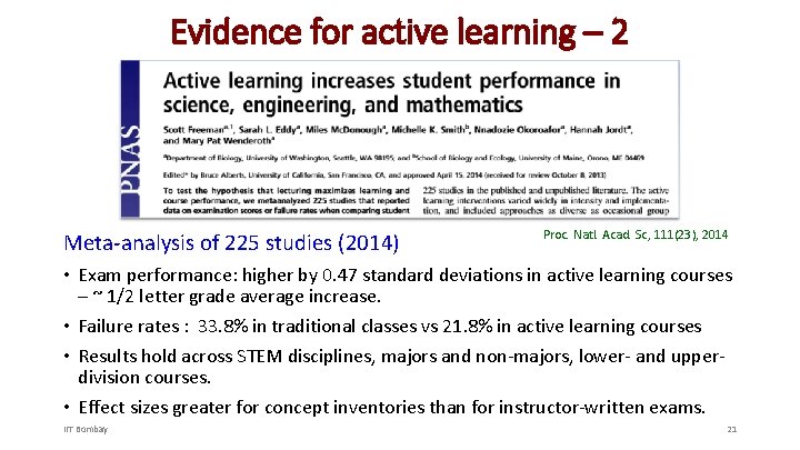 Evidence for active learning – 2 Meta-analysis of 225 studies (2014) Proc. Natl. Acad.