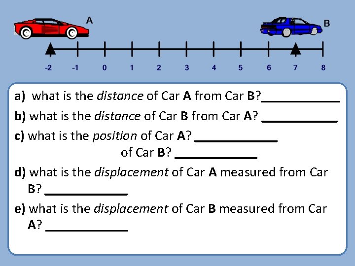 a) what is the distance of Car A from Car B? ______ b) what a) what is the distance of Car A from Car B? ______ b) what