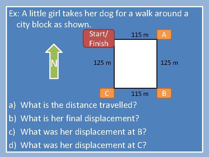 Ex: A little girl takes her dog for a walk around a city block Ex: A little girl takes her dog for a walk around a city block