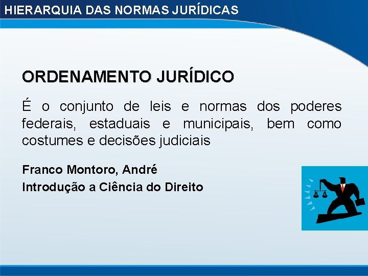 HIERARQUIA DAS NORMAS JURÍDICAS ORDENAMENTO JURÍDICO É o conjunto de leis e normas dos