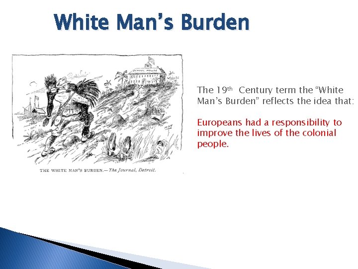 White Man’s Burden The 19 th Century term the “White Man’s Burden” reflects the