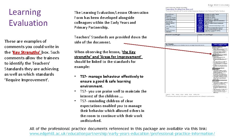 Learning Evaluation These are examples of comments you could write in the ‘Key Strengths’