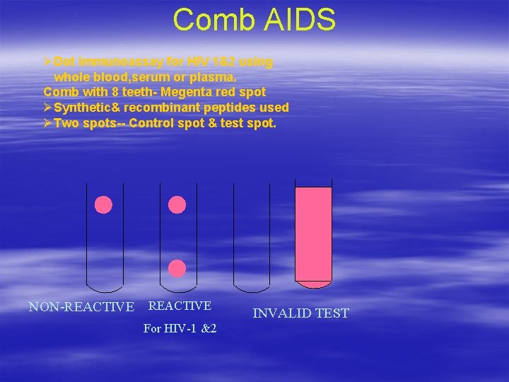 Comb AIDS ØDot immunoassay for HIV 1&2 using whole blood, serum or plasma. Comb