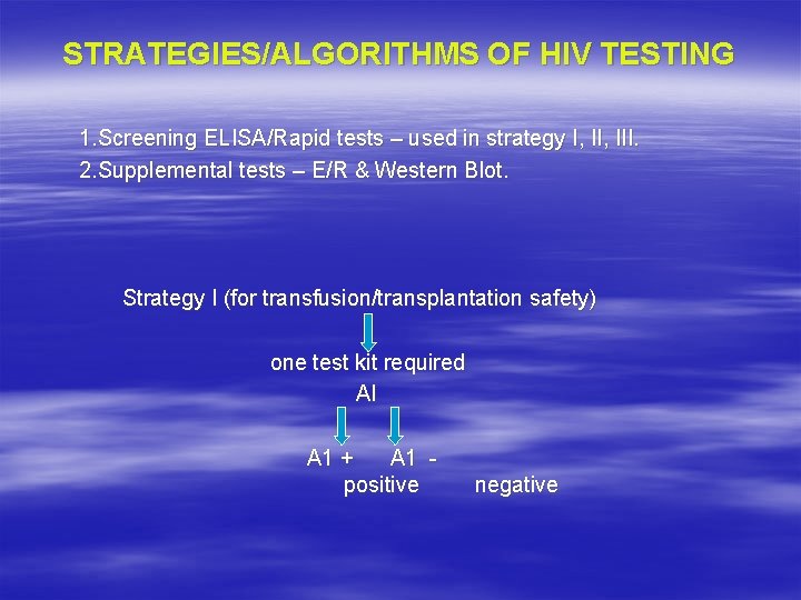 STRATEGIES/ALGORITHMS OF HIV TESTING 1. Screening ELISA/Rapid tests – used in strategy I, III.