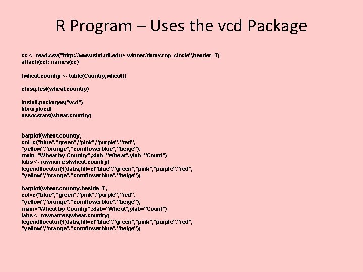 R Program – Uses the vcd Package cc <- read. csv("http: //www. stat. ufl.