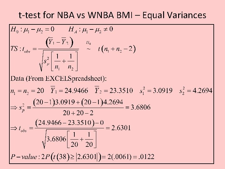 t-test for NBA vs WNBA BMI – Equal Variances 