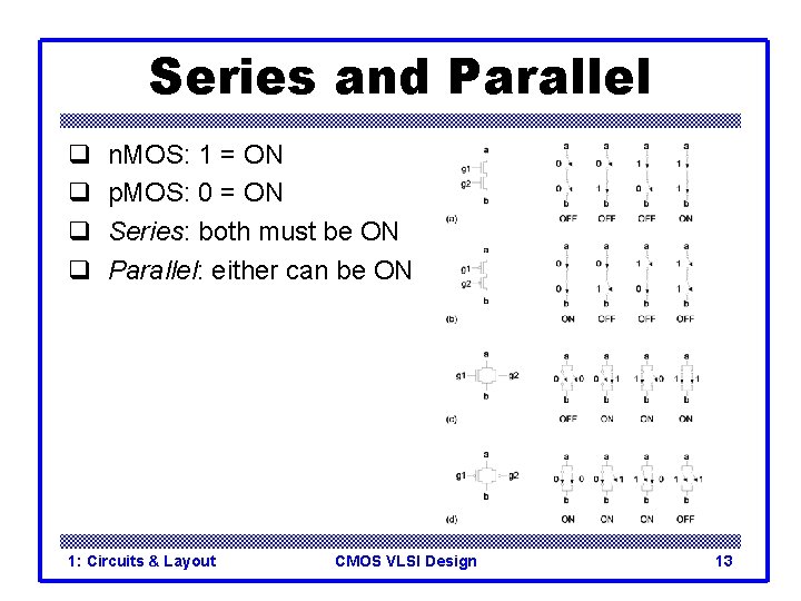 Series and Parallel q q n. MOS: 1 = ON p. MOS: 0 = Series and Parallel q q n. MOS: 1 = ON p. MOS: 0 =