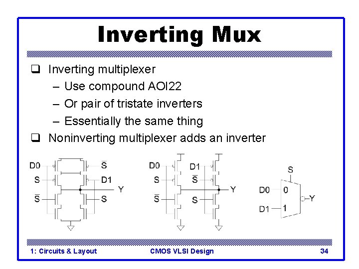 Inverting Mux q Inverting multiplexer – Use compound AOI 22 – Or pair of Inverting Mux q Inverting multiplexer – Use compound AOI 22 – Or pair of