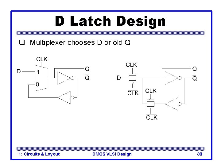D Latch Design q Multiplexer chooses D or old Q 1: Circuits & Layout D Latch Design q Multiplexer chooses D or old Q 1: Circuits & Layout