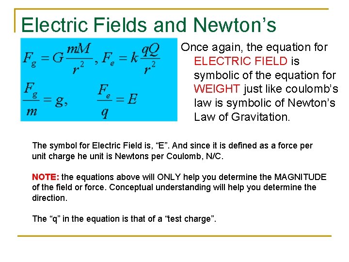 Electric Fields and Newton’s Once again, the equation for Laws ELECTRIC FIELD is symbolic