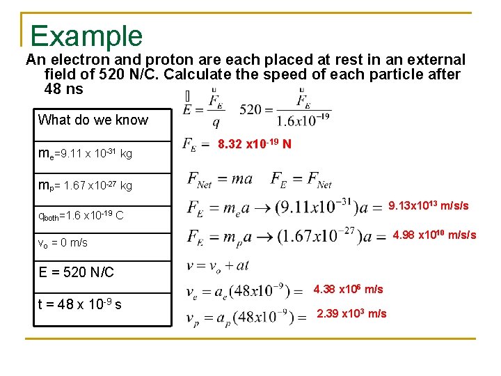 Example An electron and proton are each placed at rest in an external field