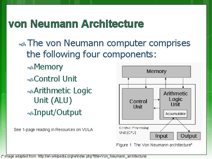 von Neumann Architecture The von Neumann computer comprises the following four components: Memory Control