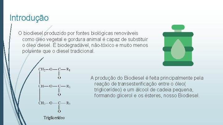 Introdução O biodiesel produzido por fontes biológicas renováveis como óleo vegetal e gordura animal