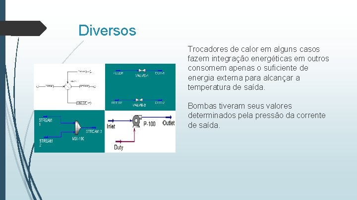 Diversos Trocadores de calor em alguns casos fazem integração energéticas em outros consomem apenas