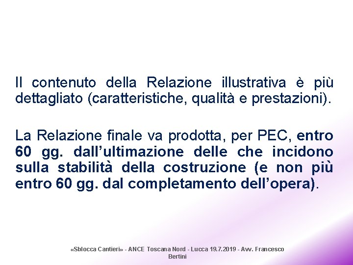 Il contenuto della Relazione illustrativa è più dettagliato (caratteristiche, qualità e prestazioni). La Relazione