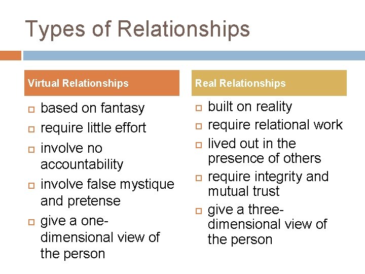 Types of Relationships Virtual Relationships based on fantasy require little effort involve no accountability