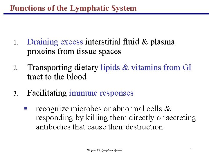 Functions of the Lymphatic System 1. Draining excess interstitial fluid & plasma proteins from