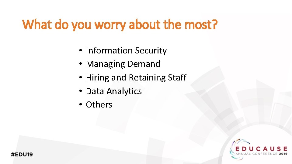 What do you worry about the most? • • • Information Security Managing Demand