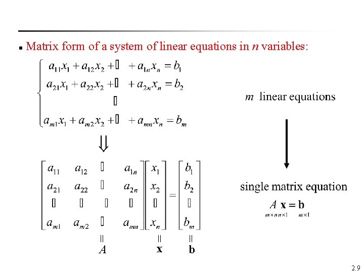  Matrix form of a system of linear equations in n variables: n x