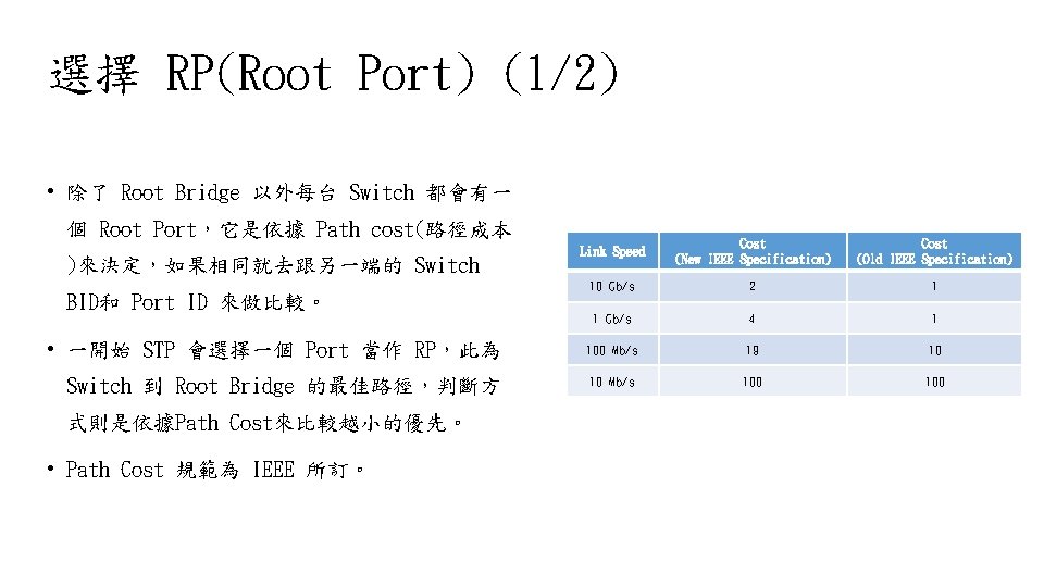 選擇 RP(Root Port) (1/2) • 除了 Root Bridge 以外每台 Switch 都會有一 個 Root Port，它是依據