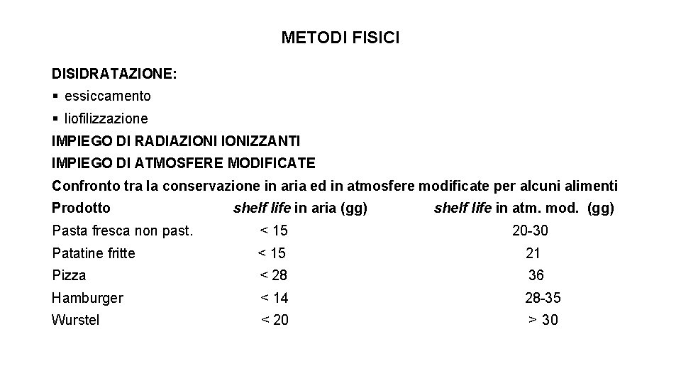 METODI FISICI DISIDRATAZIONE: § essiccamento § liofilizzazione IMPIEGO DI RADIAZIONIZZANTI IMPIEGO DI ATMOSFERE MODIFICATE