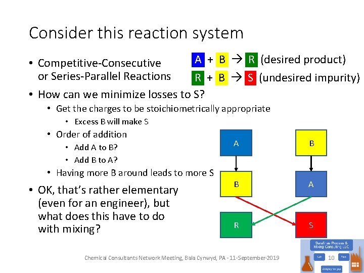 Consider this reaction system A + B R (desired product) • Competitive-Consecutive or Series-Parallel