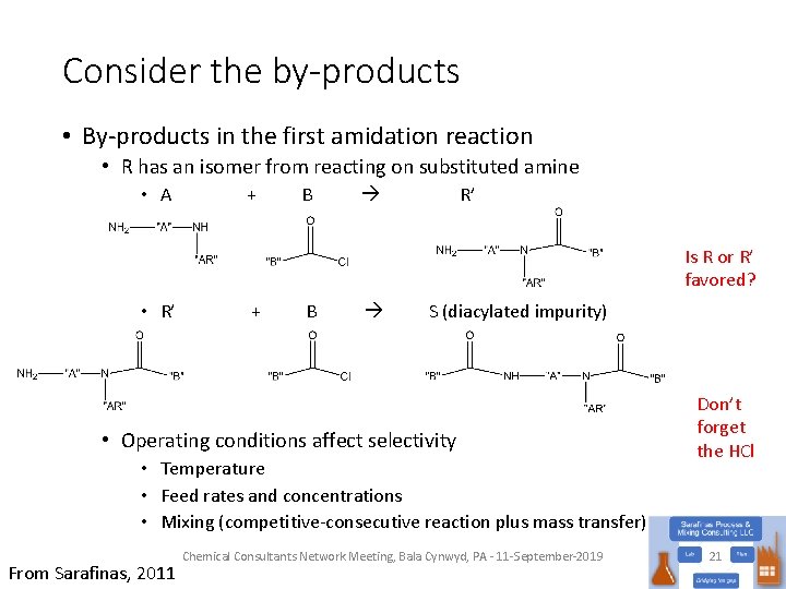 Consider the by-products • By-products in the first amidation reaction • R has an