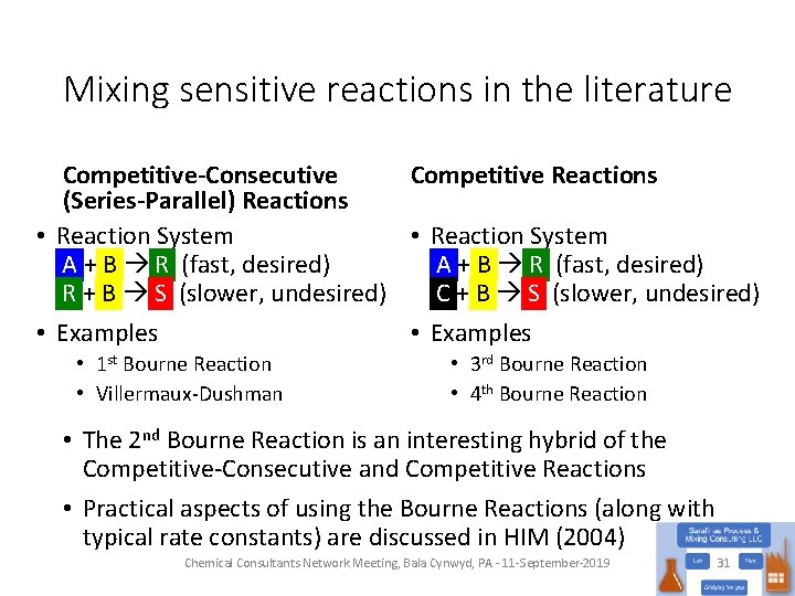 Mixing sensitive reactions in the literature Competitive Reactions Competitive-Consecutive (Series-Parallel) Reactions • Reaction System