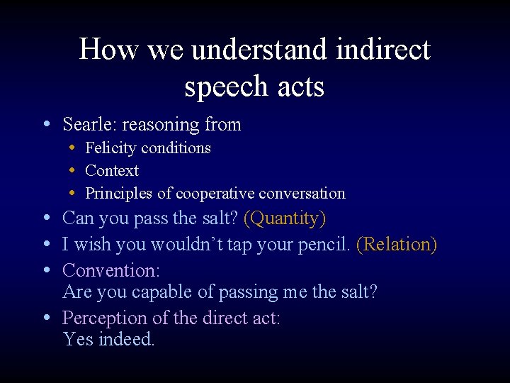 How we understand indirect speech acts • Searle: reasoning from • • • Felicity