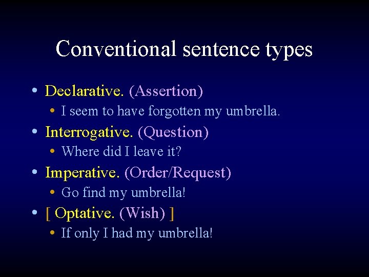 Conventional sentence types • Declarative. (Assertion) • I seem to have forgotten my umbrella.