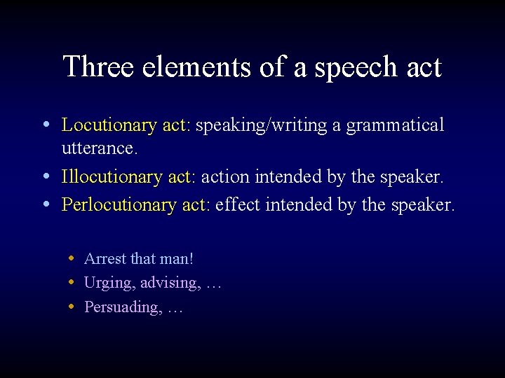 Three elements of a speech act • Locutionary act: speaking/writing a grammatical utterance. •