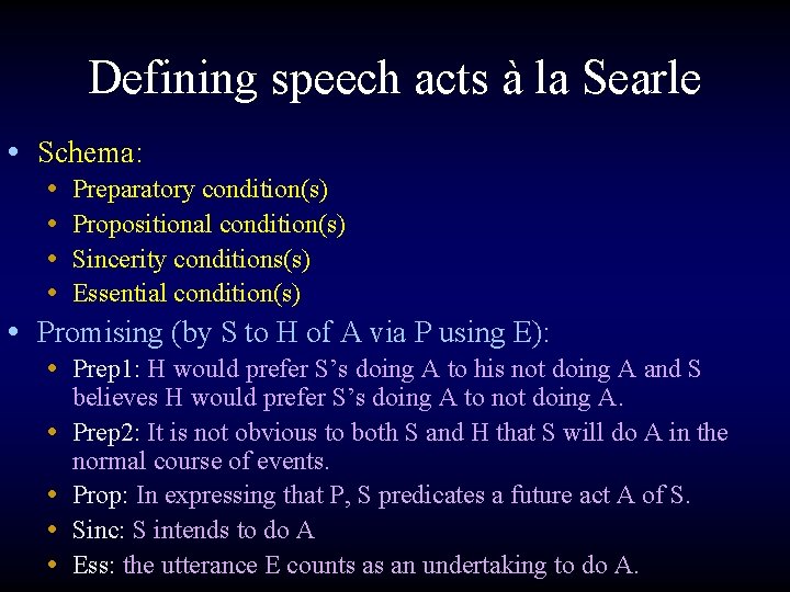 Defining speech acts à la Searle • Schema: • Preparatory condition(s) • Propositional condition(s)