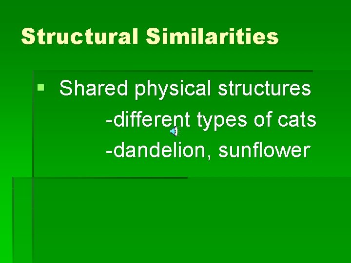 Structural Similarities § Shared physical structures -different types of cats -dandelion, sunflower 