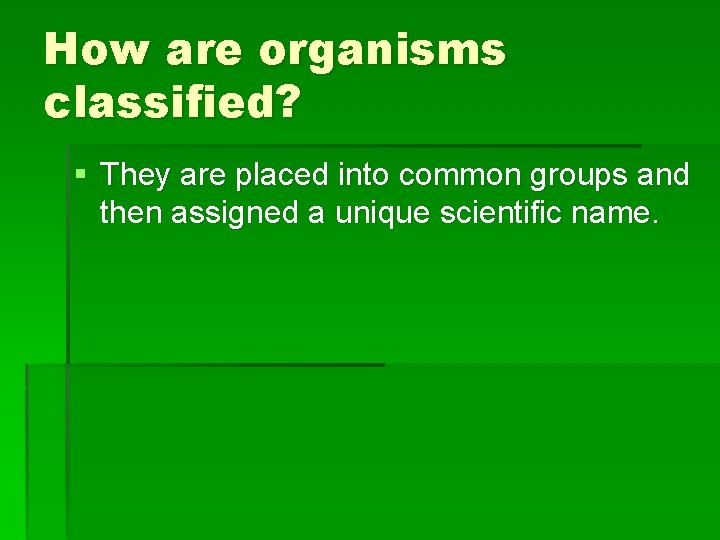 How are organisms classified? § They are placed into common groups and then assigned