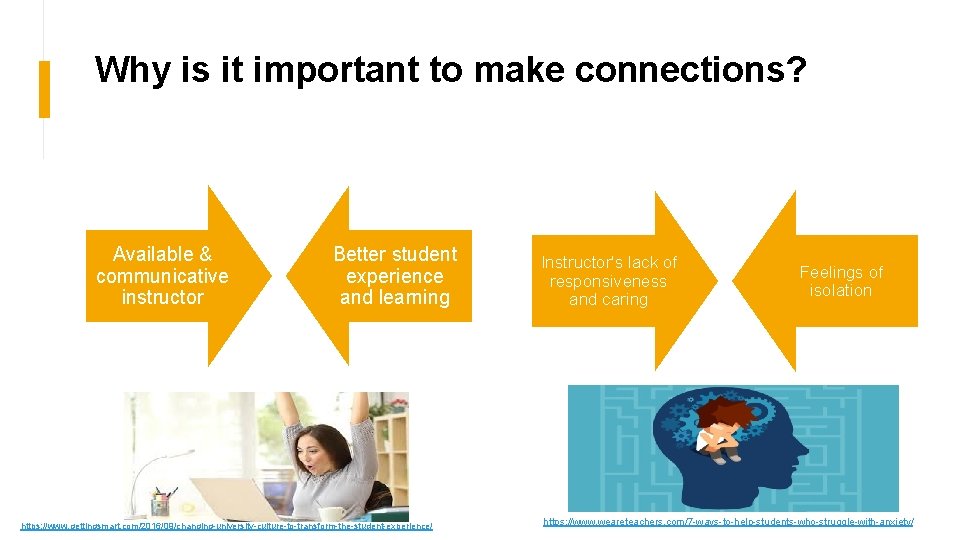 Why is it important to make connections? Available & communicative instructor Better student experience