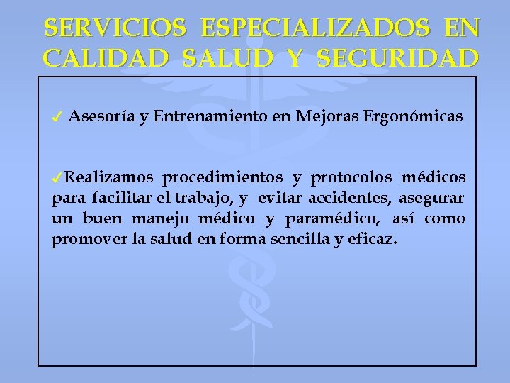 SERVICIOS ESPECIALIZADOS EN CALIDAD SALUD Y SEGURIDAD 4 Asesoría y Entrenamiento en Mejoras Ergonómicas