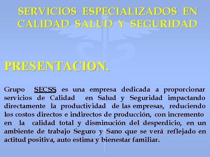 SERVICIOS ESPECIALIZADOS EN CALIDAD SALUD Y SEGURIDAD PRESENTACION. Grupo SECSS, SECSS es una empresa