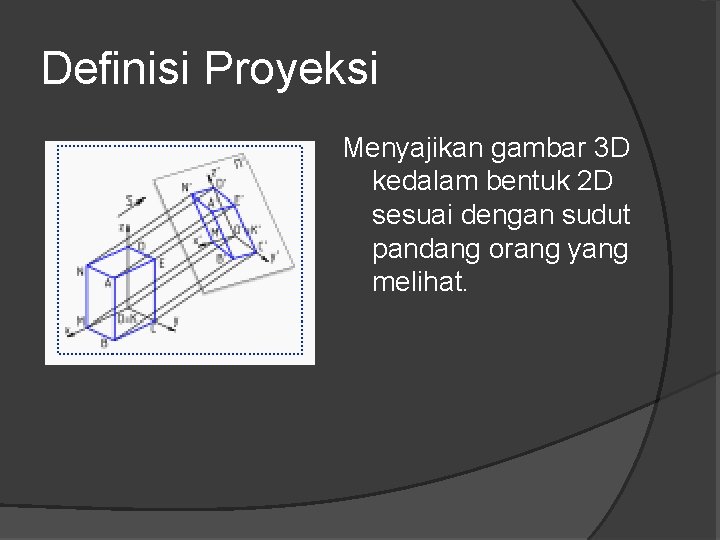 Definisi Proyeksi Menyajikan gambar 3 D kedalam bentuk 2 D sesuai dengan sudut pandang Definisi Proyeksi Menyajikan gambar 3 D kedalam bentuk 2 D sesuai dengan sudut pandang